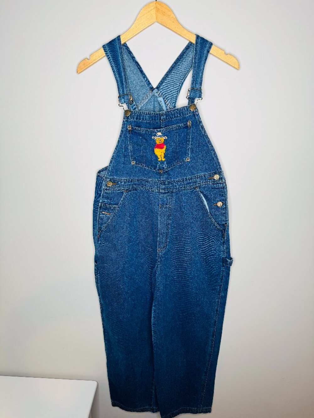 Disney Winnie the Pooh Dark Wash Denim Bib Overalls Vintage Womens M Embroidered - Picture 1 of 10